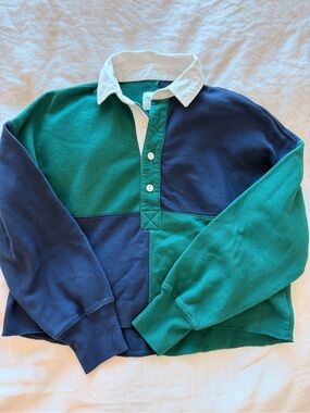 Abercrombie & Fitch Green and Navy Colorblock Rugby Pullover